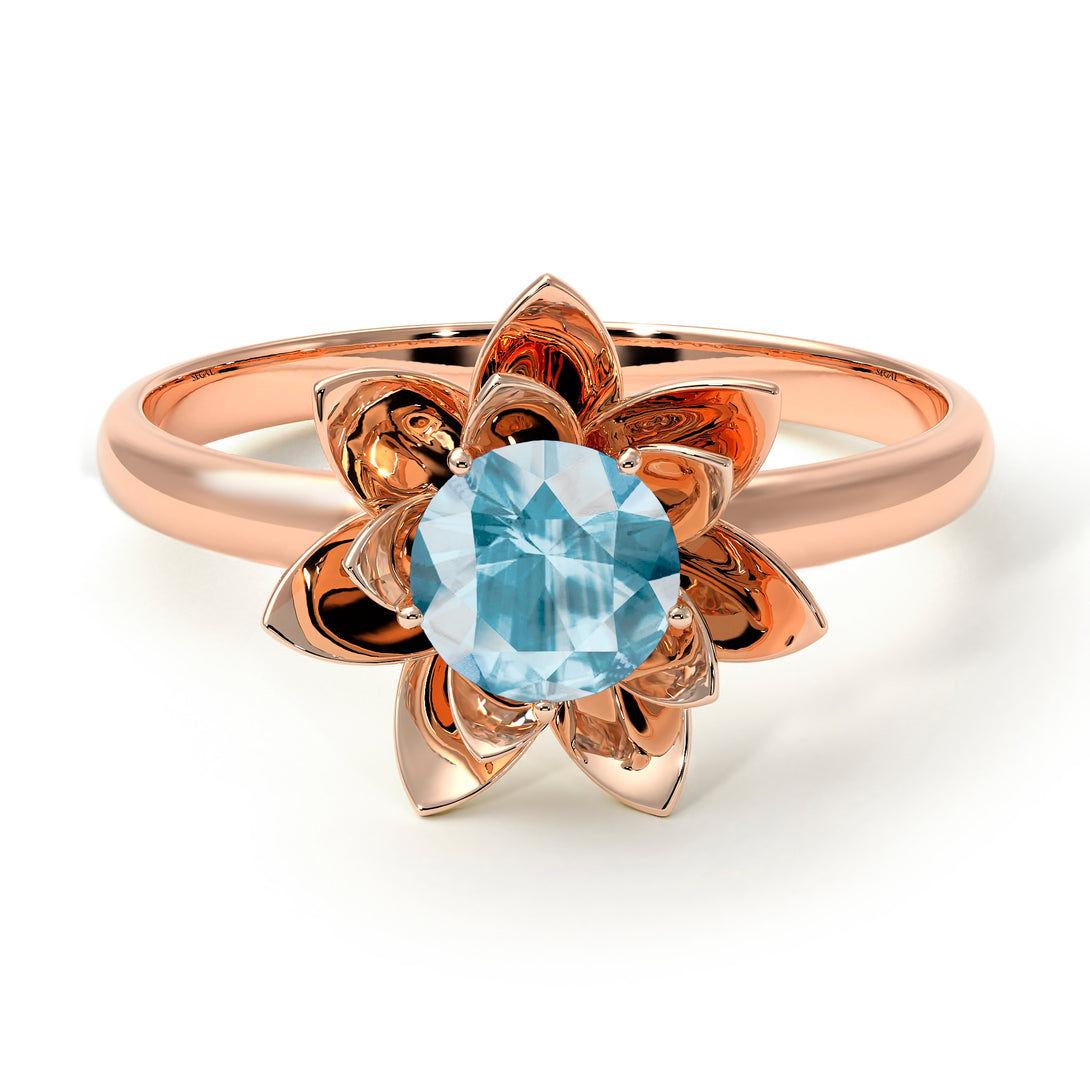 Lotus Flower Solitaire Aquamarine Ring - Lotus no. 402