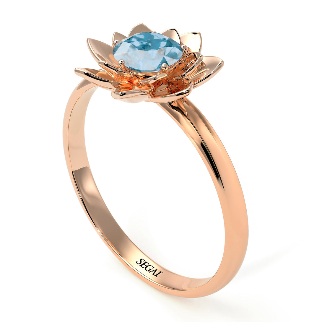 Lotus Flower Solitaire Aquamarine Ring - Lotus no. 402