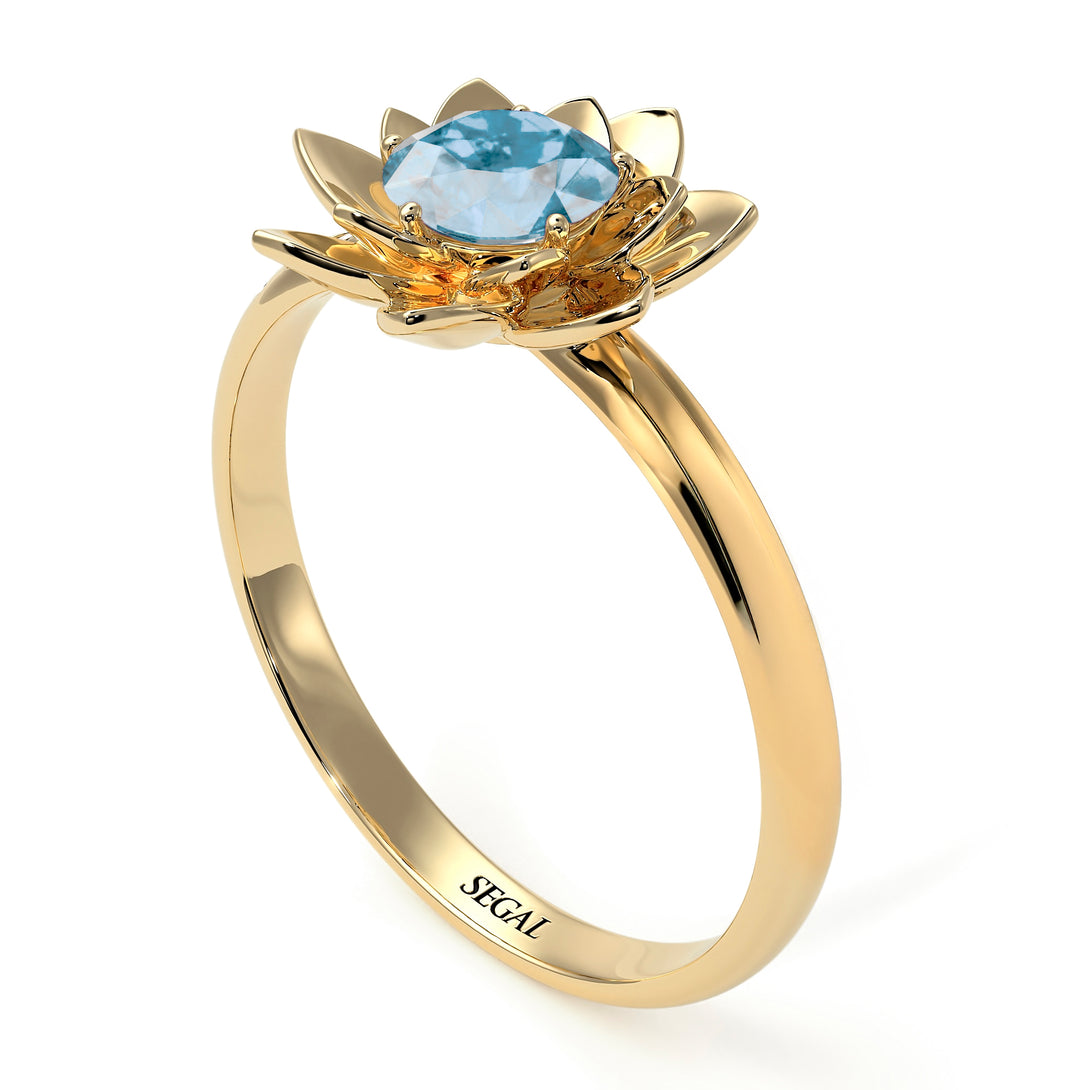 Lotus Flower Solitaire Aquamarine Ring - Lotus no. 401