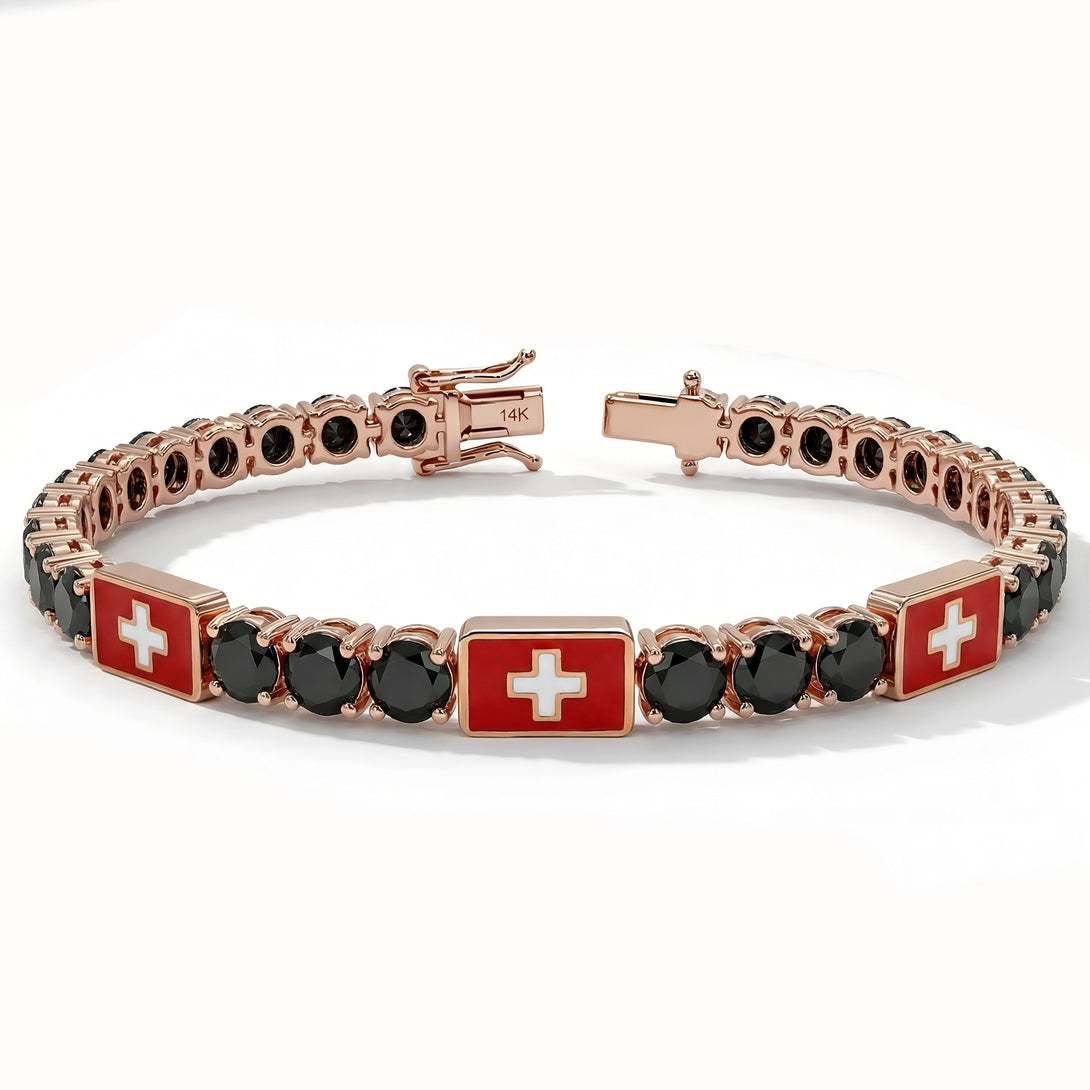 Black Diamond Tennis Bracelet with Switzerland Flag no. 8