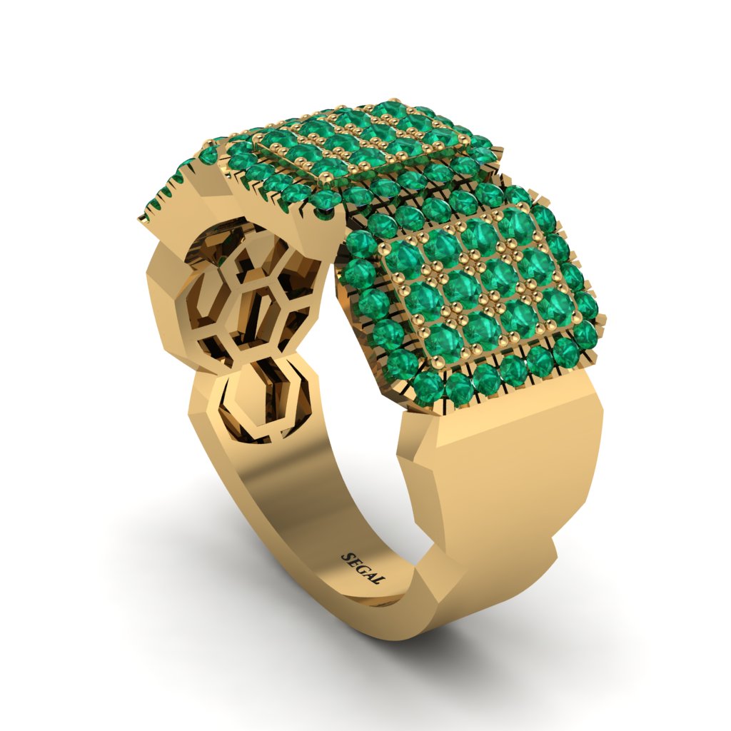 14K Gold Emerald Men's Pave Ring - Bay No. 4