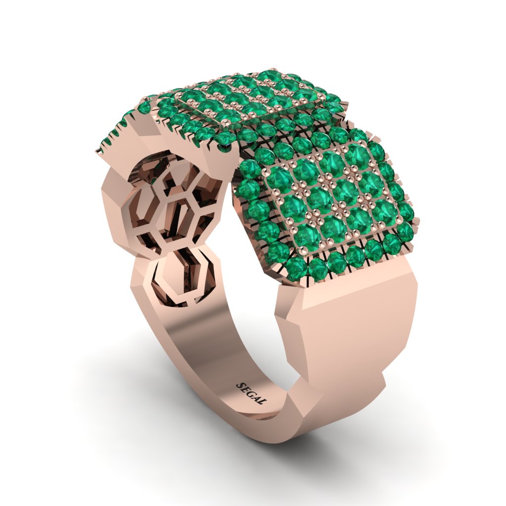 14K Gold Emerald Men's Pave Ring - Bay No. 5