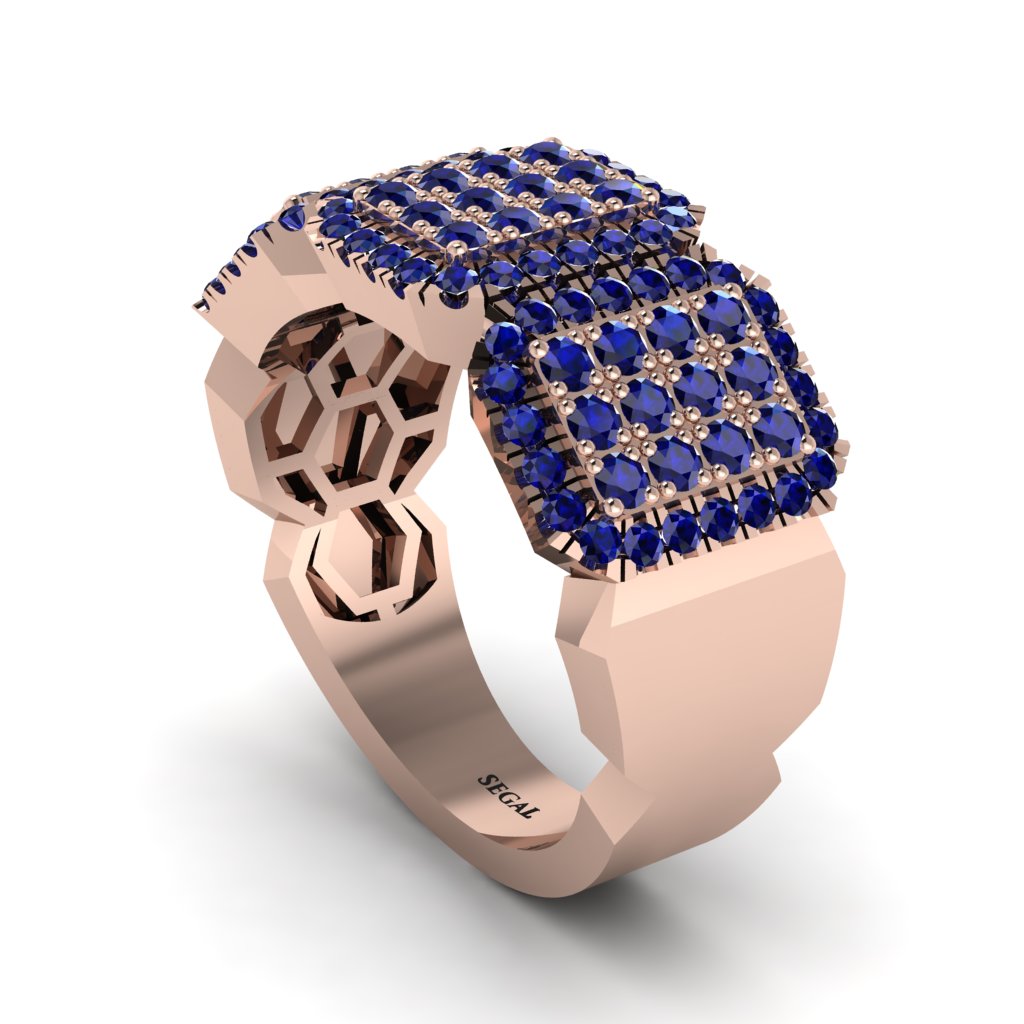 14K Gold Sapphire Men's Pave Ring - Bay No. 14