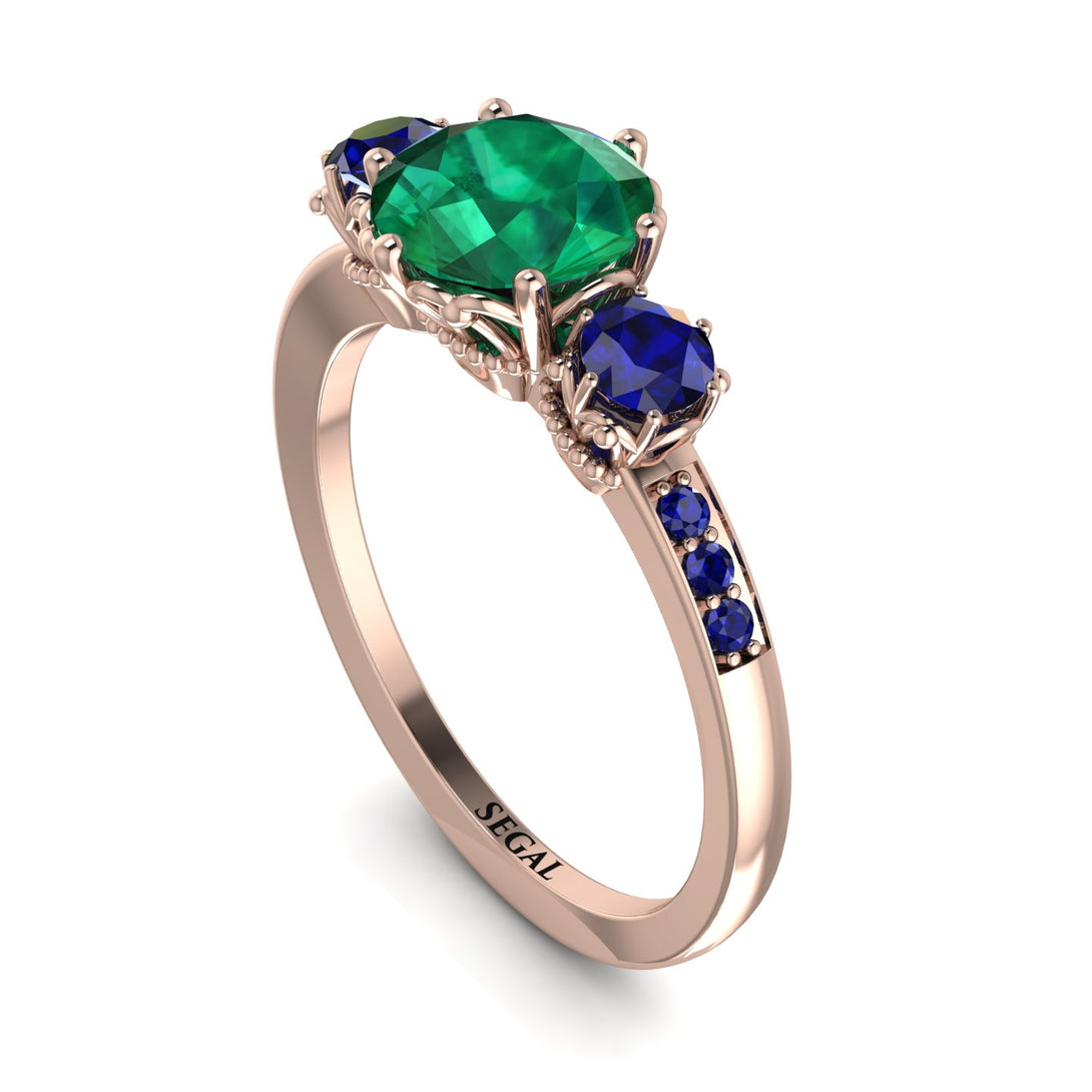 Vintage 3 Stones Emerald Ring With Micro Pave - Luna No. 56