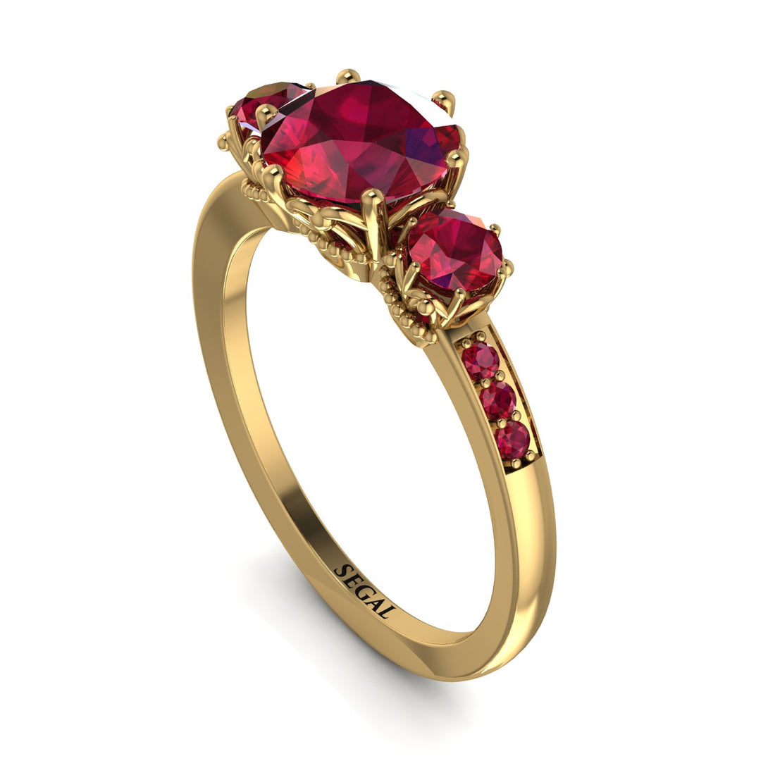 Vintage 3 Stones Ruby Ring With Micro Pave - Luna No. 70