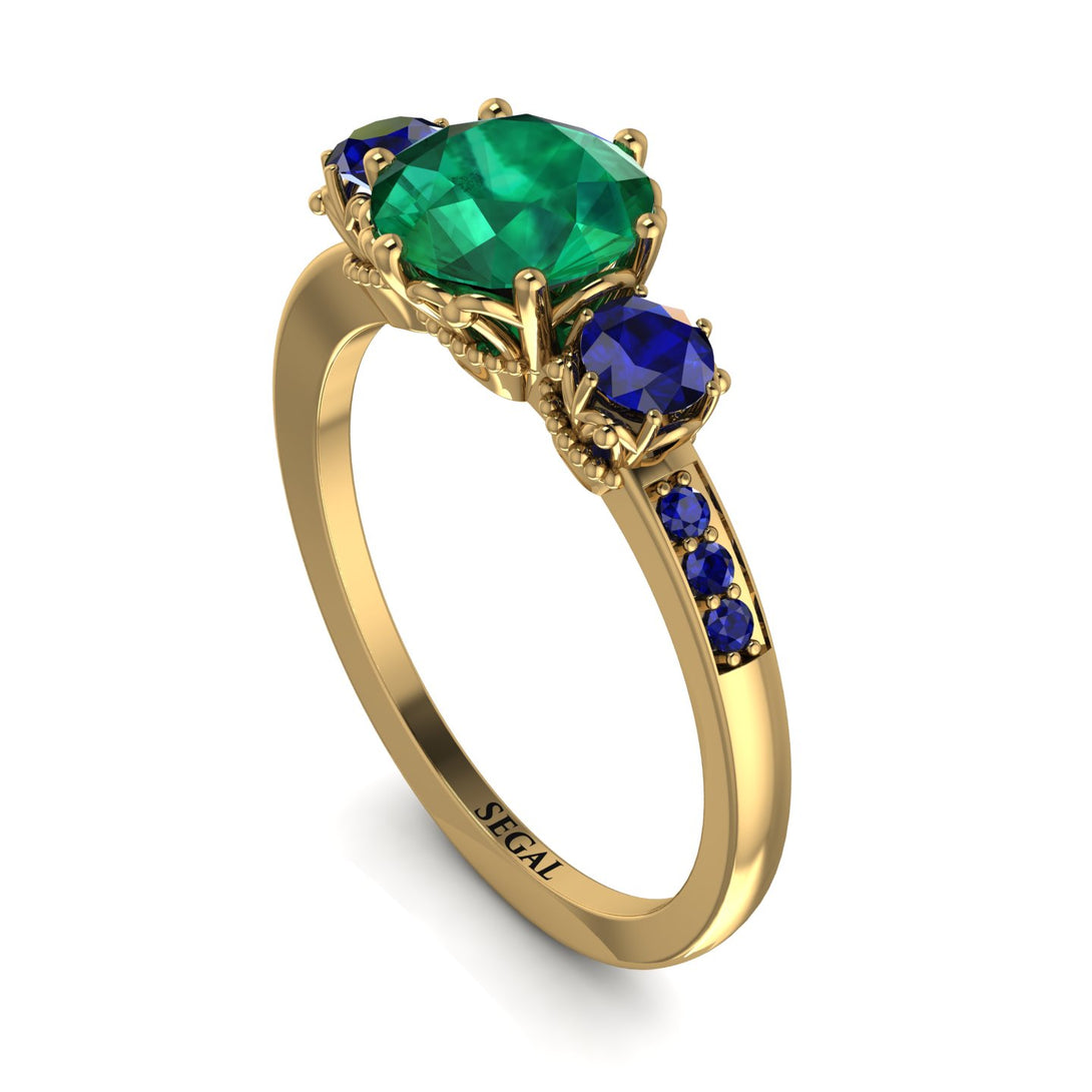 Vintage 3 Stones Emerald Ring With Micro Pave - Luna No. 55