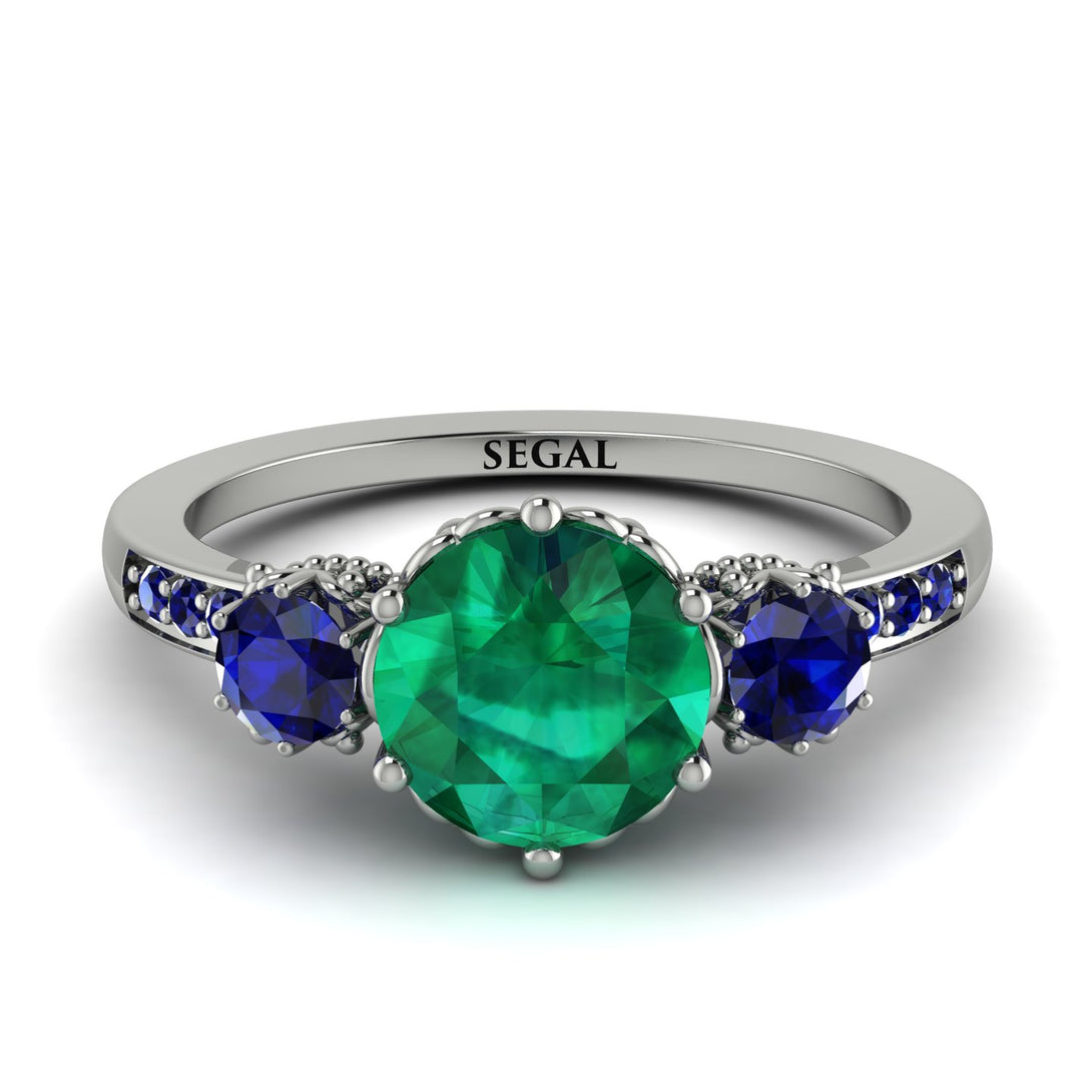 Vintage 3 Stones Emerald Ring With Micro Pave - Luna No. 57