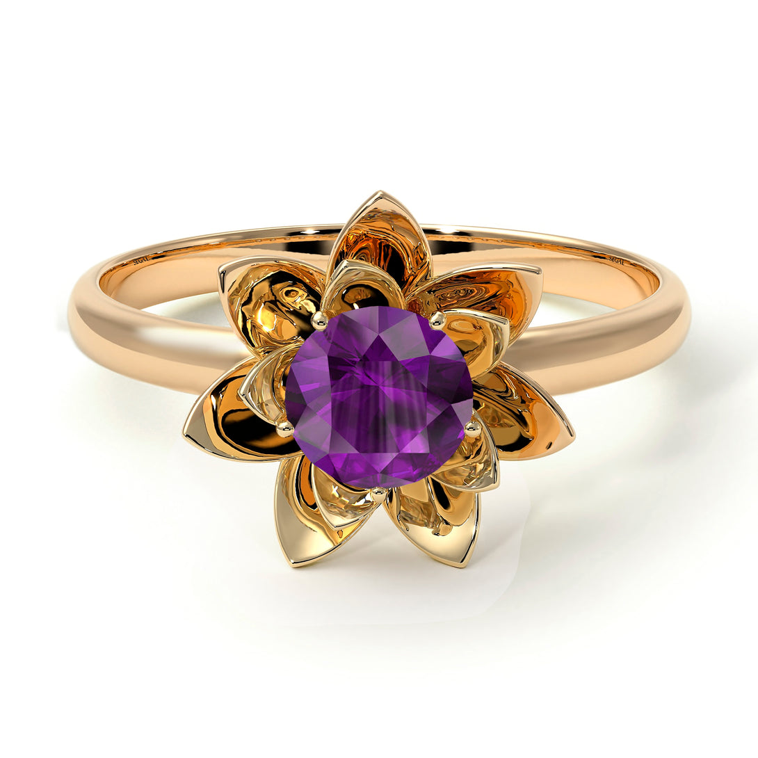 Lotus Flower Solitaire Amethyst Ring - Lotus no. 301