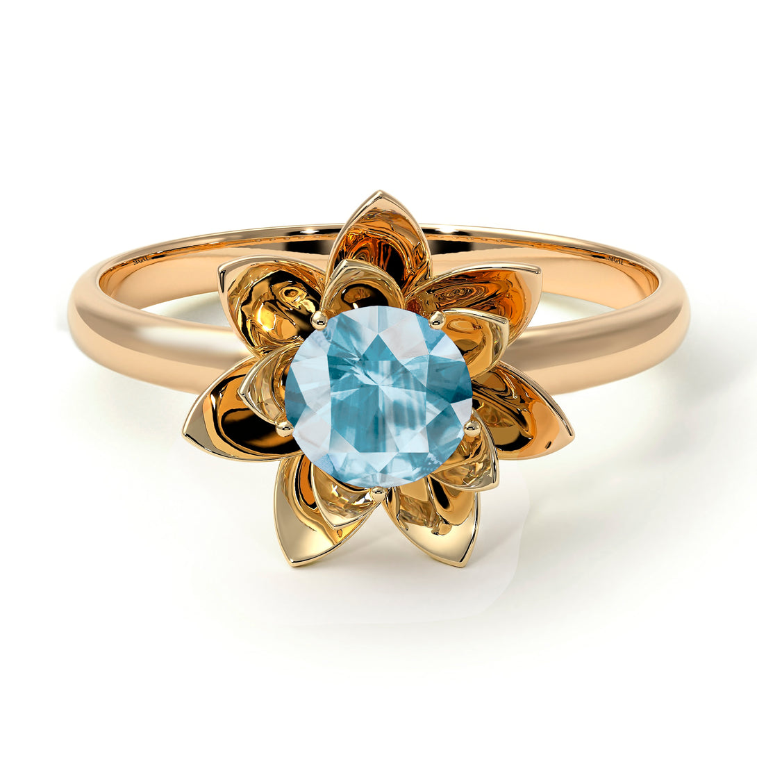 Lotus Flower Solitaire Aquamarine Ring - Lotus no. 401