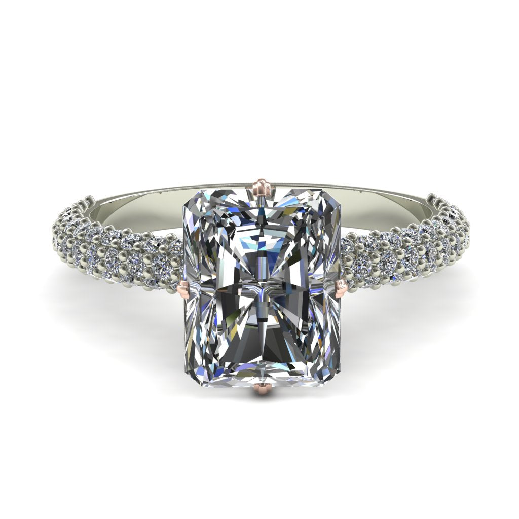 Custom 3 Rows Two Tones Hidden Halo Emerald Cut Diamond Engagement Ring - Vanessa No. 780