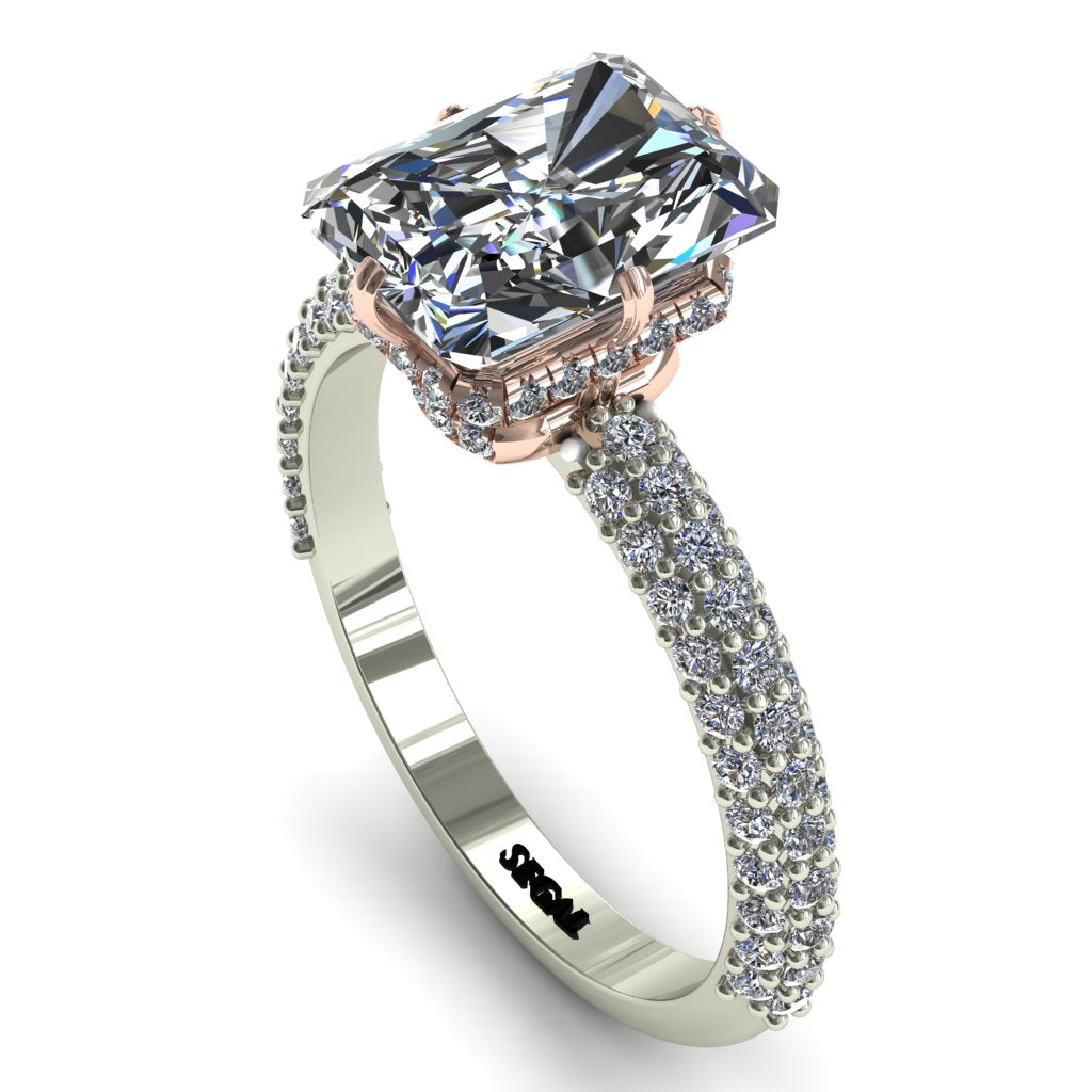 Custom 3 Rows Two Tones Hidden Halo Emerald Cut Diamond Engagement Ring - Vanessa No. 780