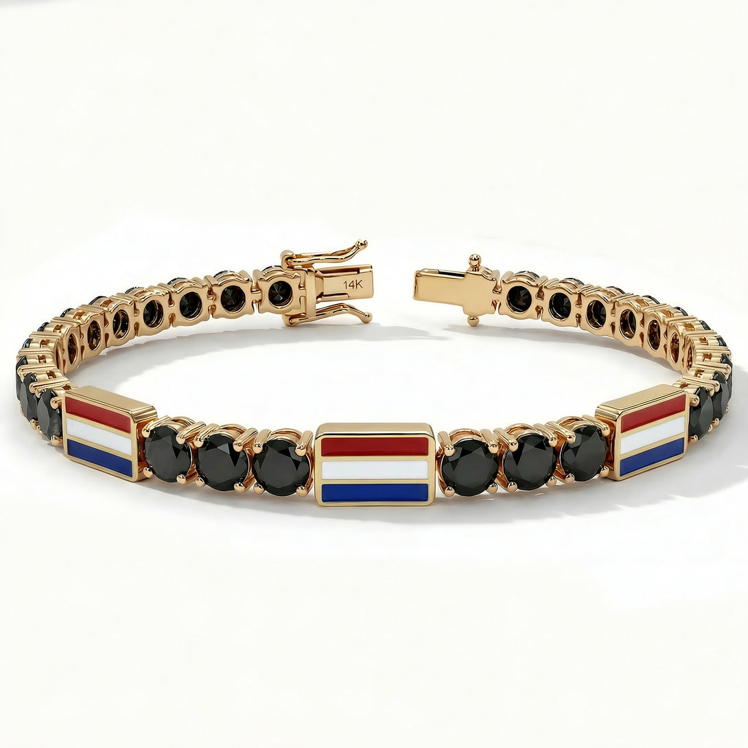 Black Diamond Tennis Bracelet with Netherlands Flag no. 7