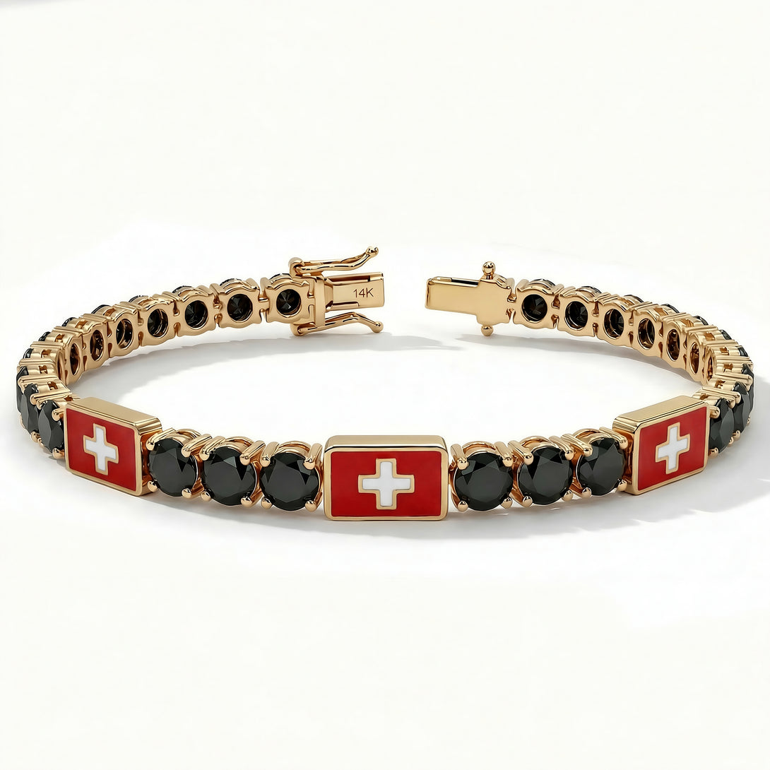 Black Diamond Tennis Bracelet with Switzerland Flag no. 7