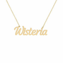 Wisteria name necklace in solid 14K Yellow Gold, handmade in Los Angeles