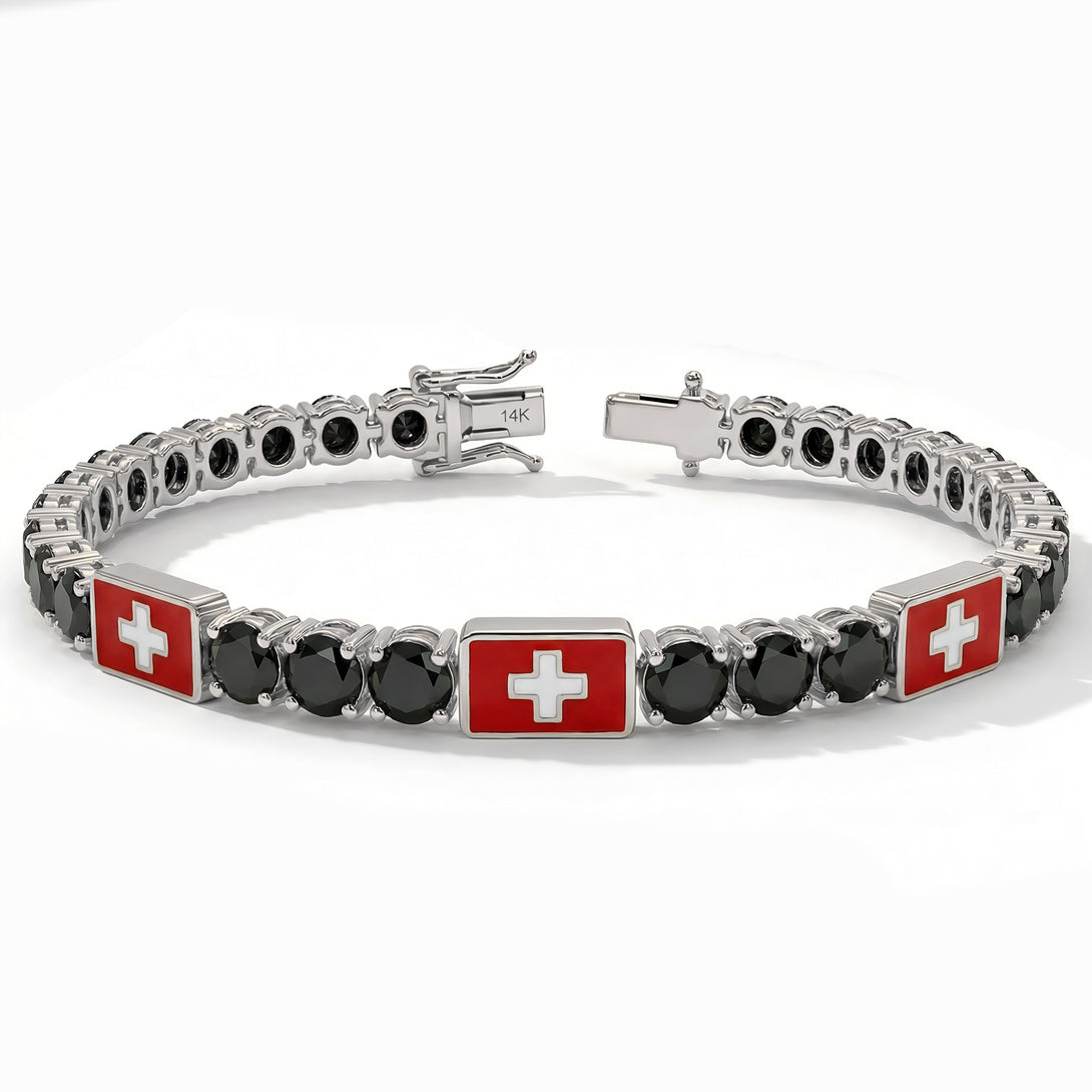 Black Diamond Tennis Bracelet with Switzerland Flag no. 9