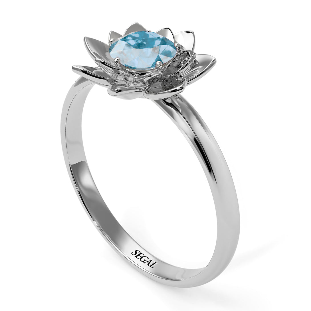 Lotus Flower Solitaire Aquamarine Ring - Lotus no. 403