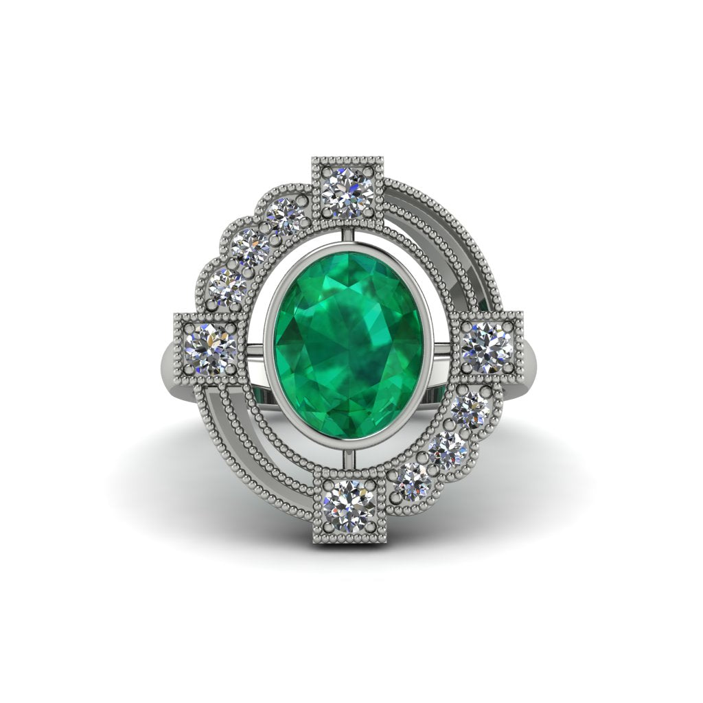 Emerald Art Deco Halo Fashion Ring - Gracelynn No. 6