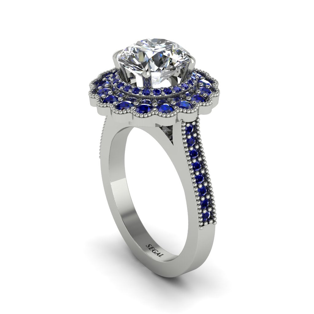 Sapphire Double Halo Cathedral Engagement Ring - Deirdre No. 63