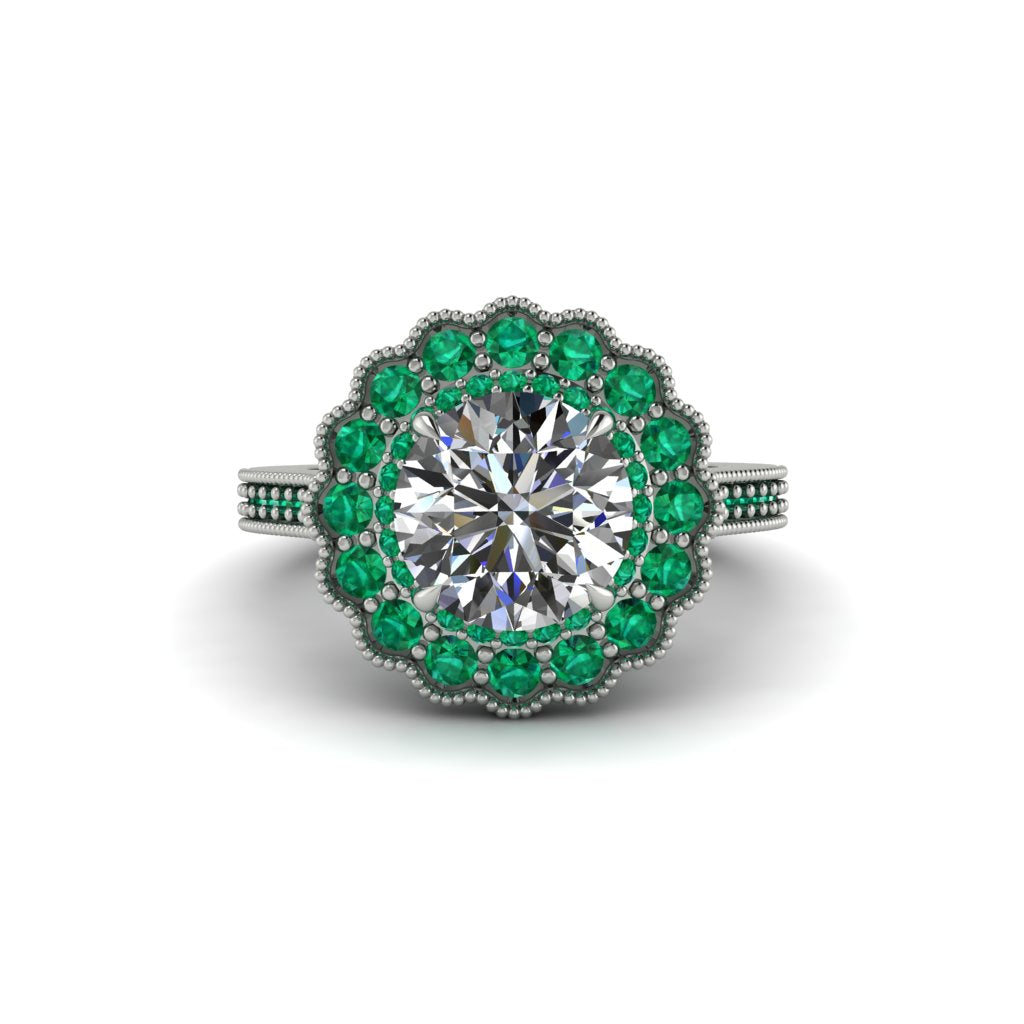 Emerald Double Halo Cathedral Engagement Ring - Deirdre No. 18