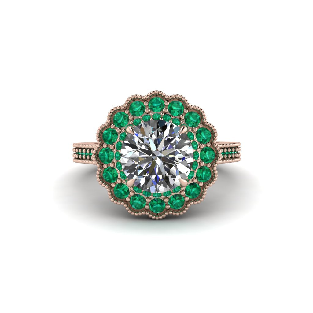 Emerald Double Halo Cathedral Engagement Ring - Deirdre No. 17