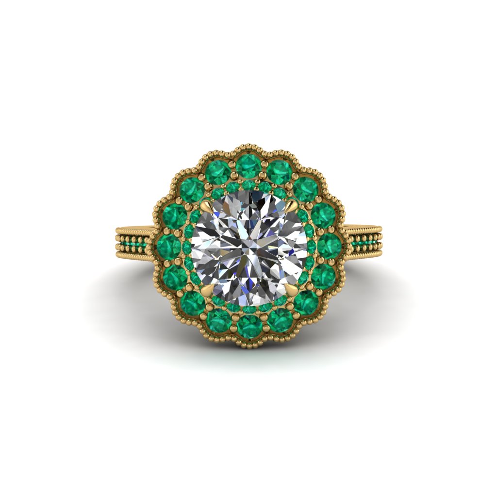 Emerald Double Halo Cathedral Engagement Ring - Deirdre No. 16