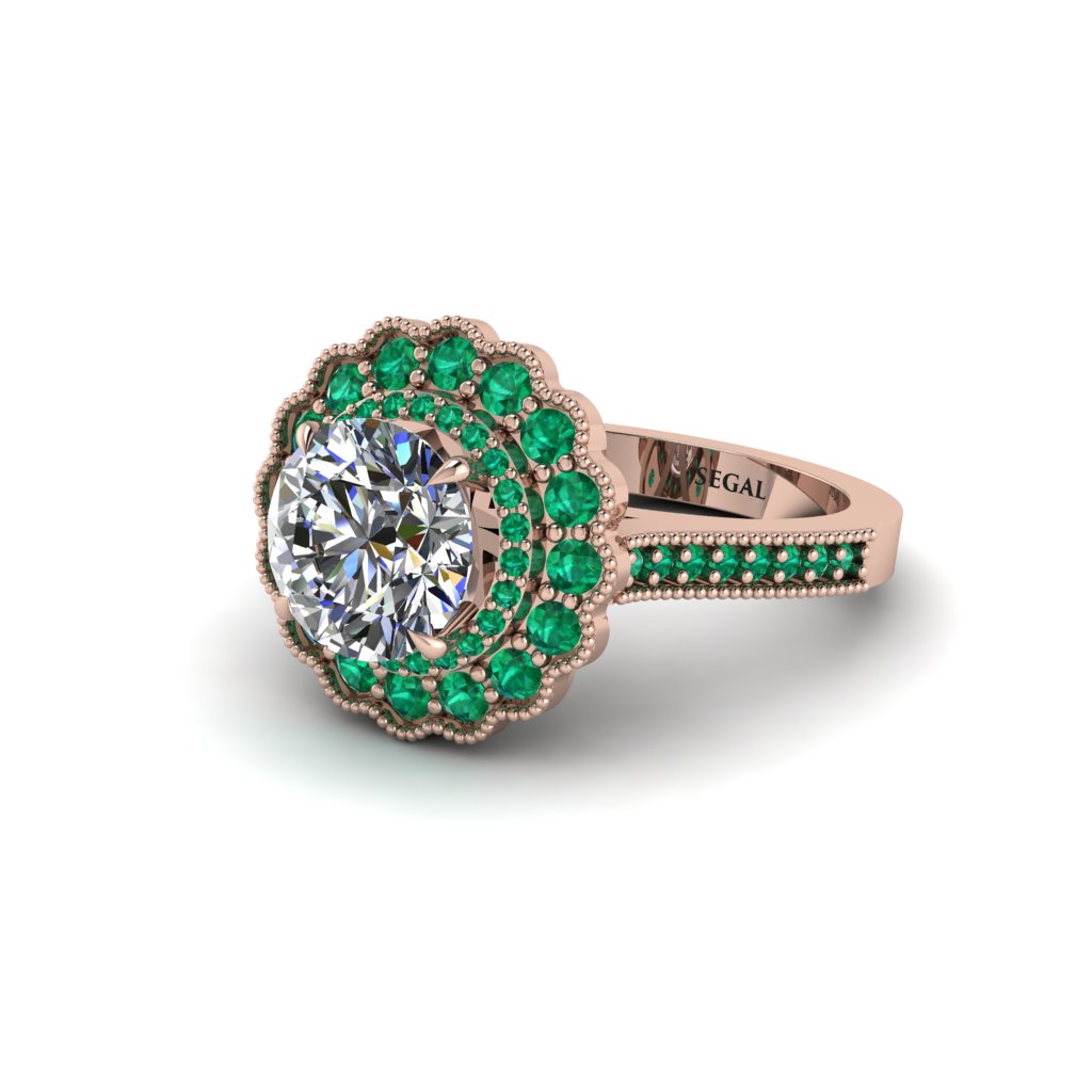 Emerald Double Halo Cathedral Engagement Ring - Deirdre No. 17