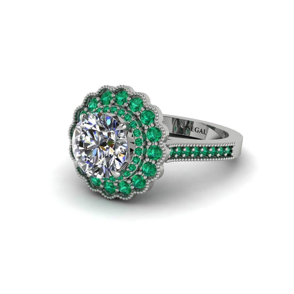 Emerald Double Halo Cathedral Engagement Ring - Deirdre No. 18