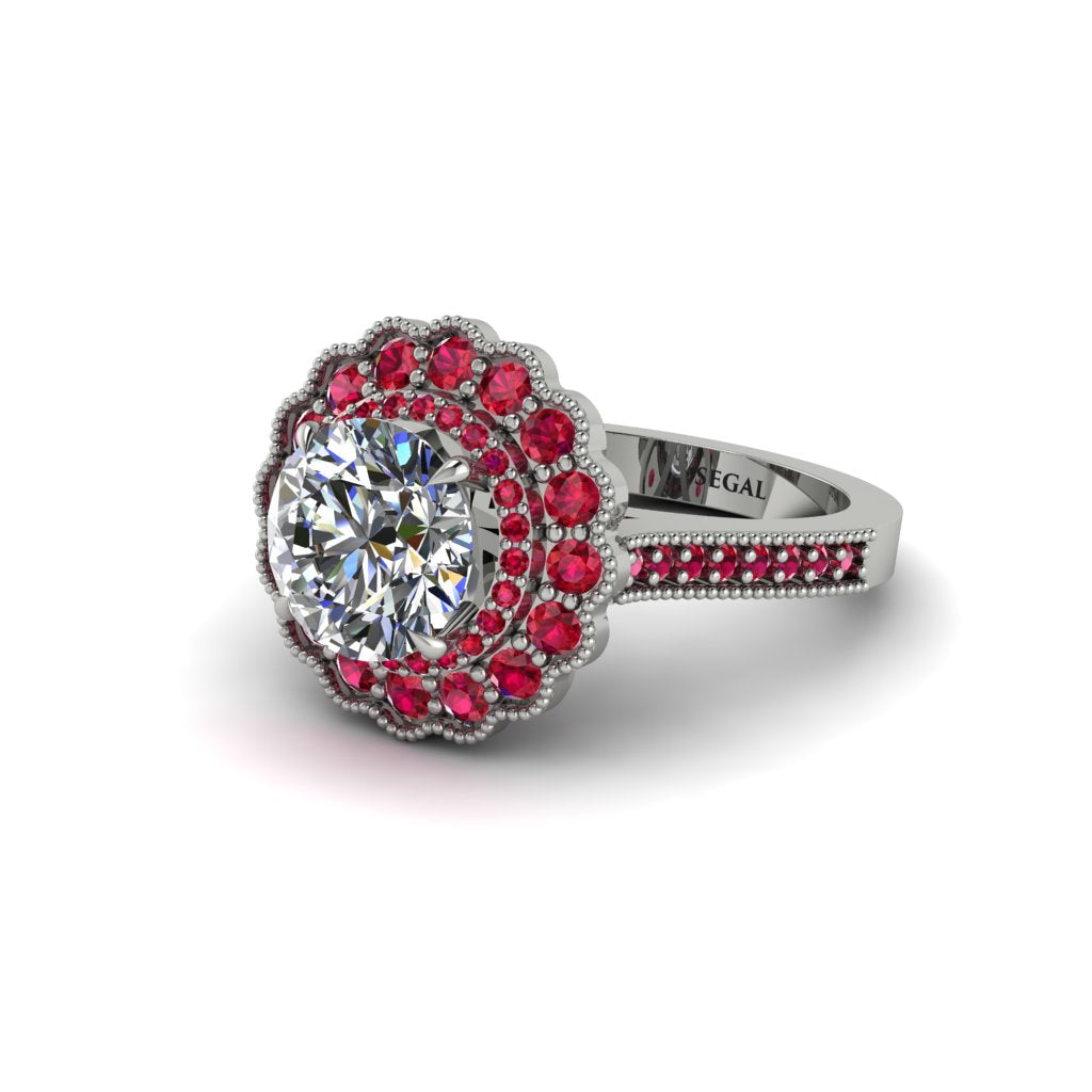 Ruby Double Halo Cathedral Engagement Ring - Deirdre No. 48