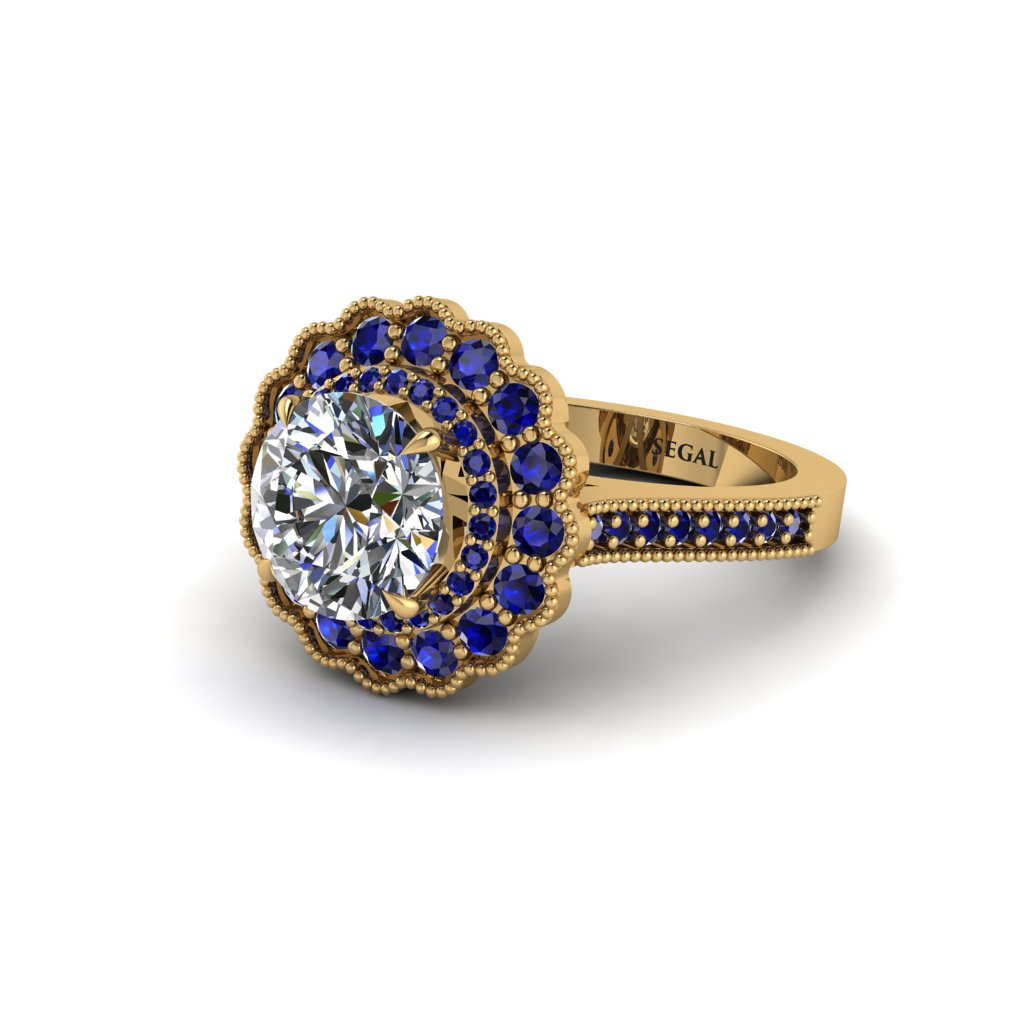 Sapphire Double Halo Cathedral Engagement Ring - Deirdre No. 61