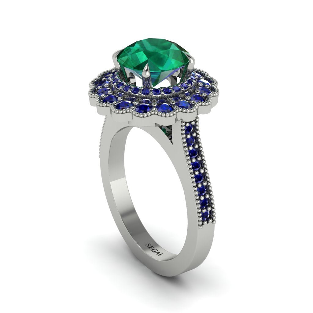 Sapphire Double Halo Cathedral Engagement Ring - Deirdre No. 66