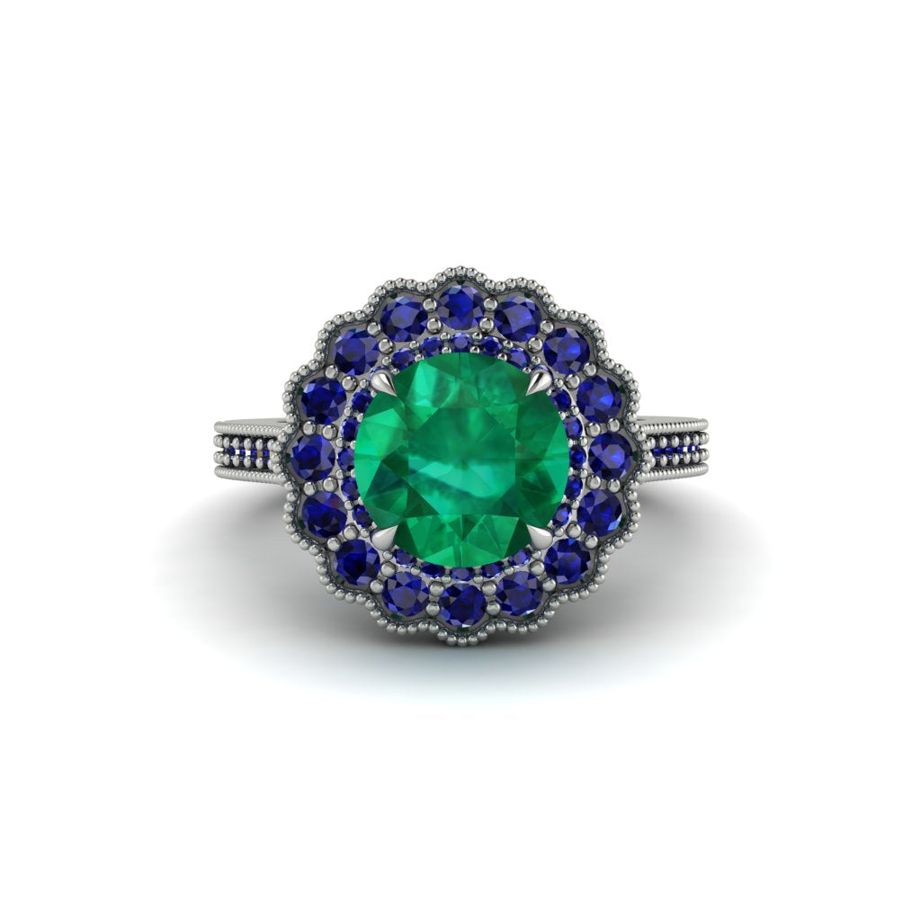 Sapphire Double Halo Cathedral Engagement Ring - Deirdre No. 66