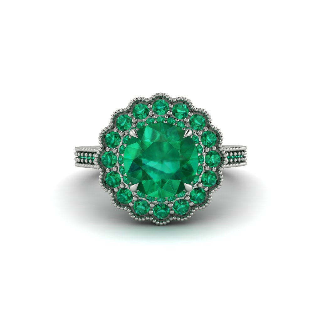 Emerald Double Halo Cathedral Engagement Ring - Deirdre No. 21
