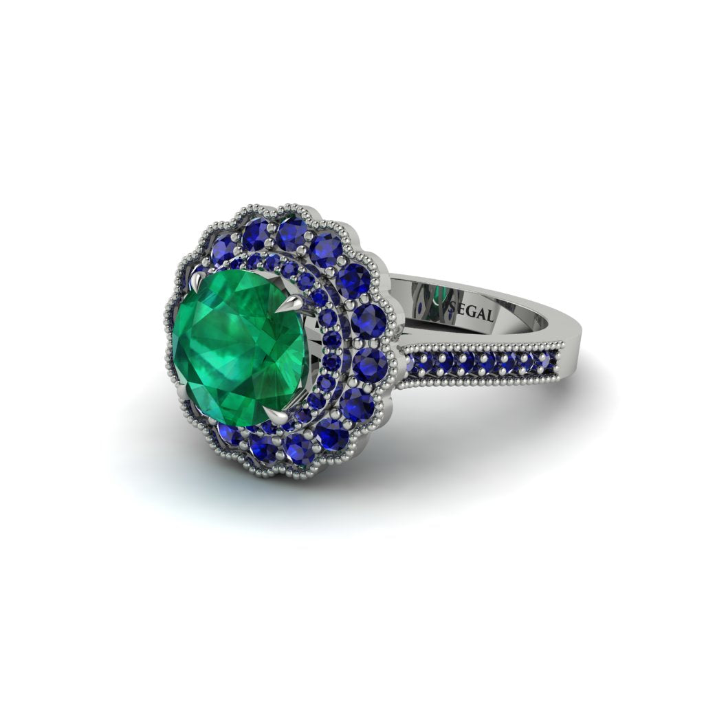 Sapphire Double Halo Cathedral Engagement Ring - Deirdre No. 66
