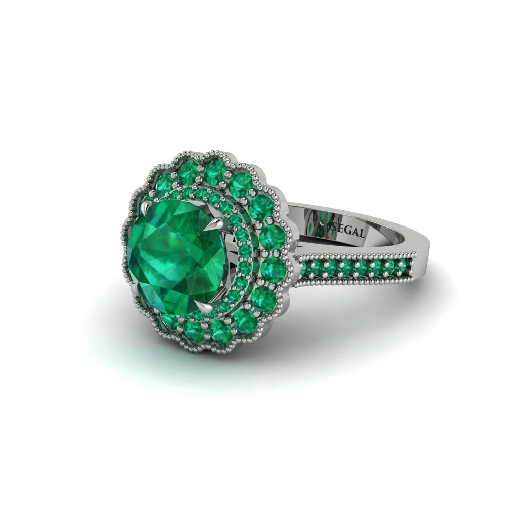 Emerald Double Halo Cathedral Engagement Ring - Deirdre No. 21