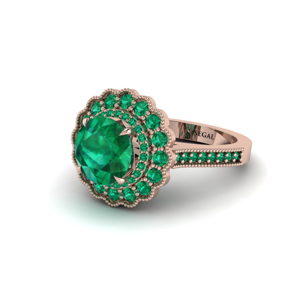 Emerald Double Halo Cathedral Engagement Ring - Deirdre No. 20