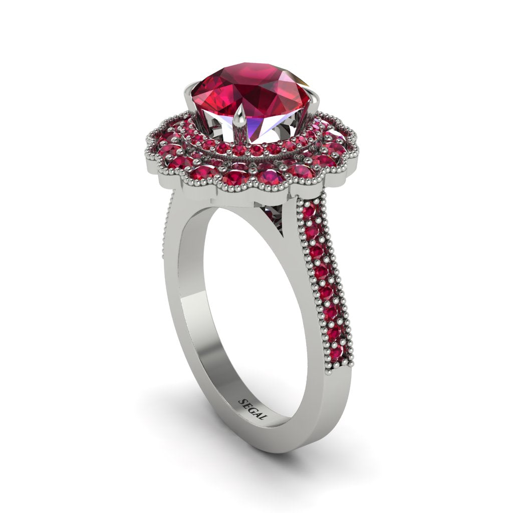 Ruby Double Halo Cathedral Engagement Ring - Deirdre No. 57