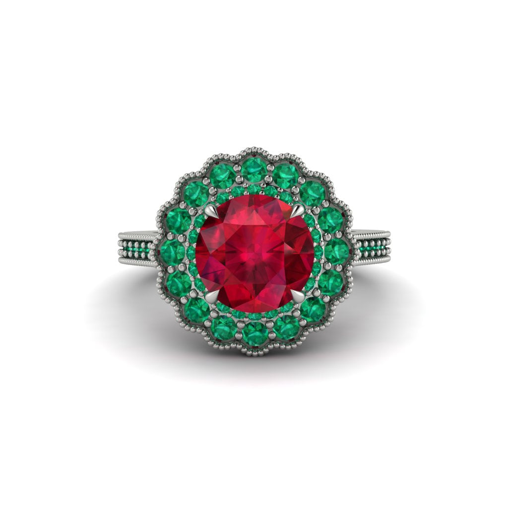 Emerald Double Halo Cathedral Engagement Ring - Deirdre No. 27