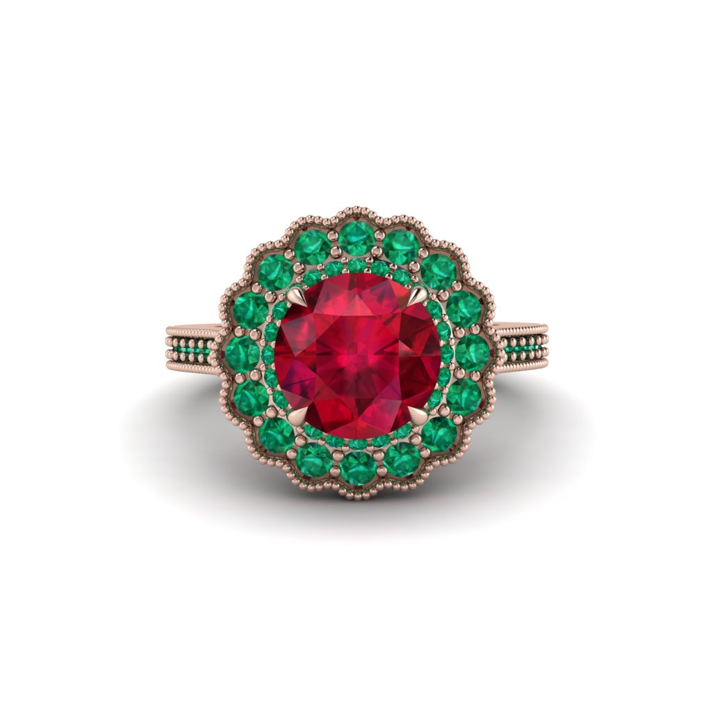 Emerald Double Halo Cathedral Engagement Ring - Deirdre No. 26