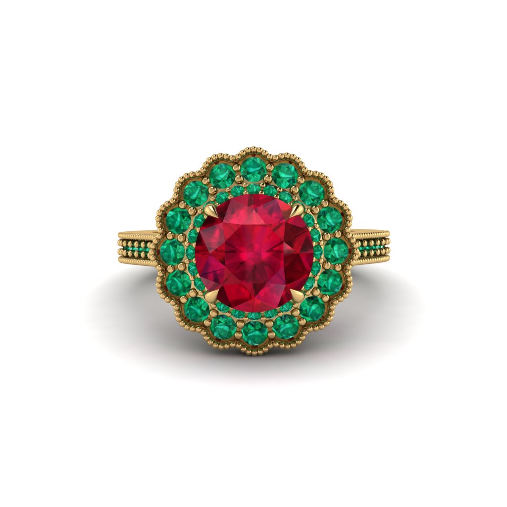 Emerald Double Halo Cathedral Engagement Ring - Deirdre No. 25