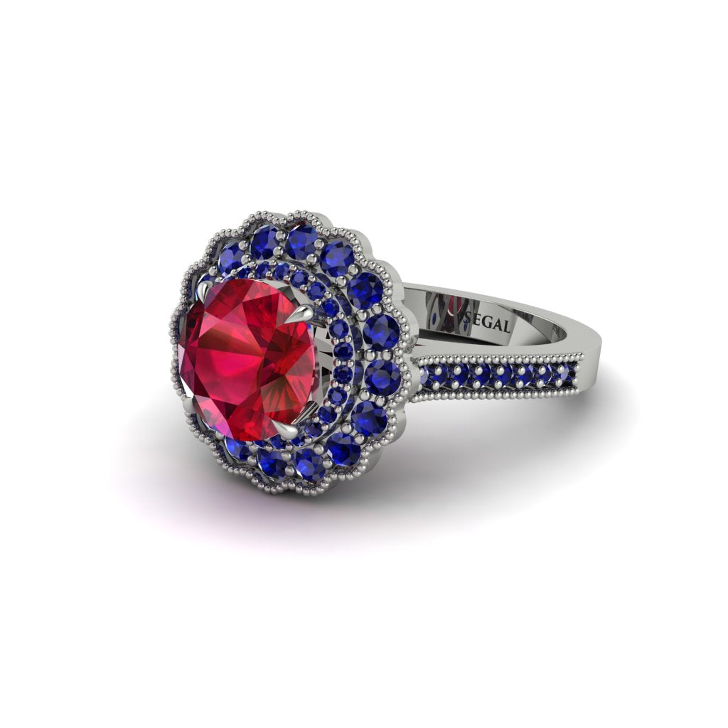 Sapphire Double Halo Cathedral Engagement Ring - Deirdre No. 72
