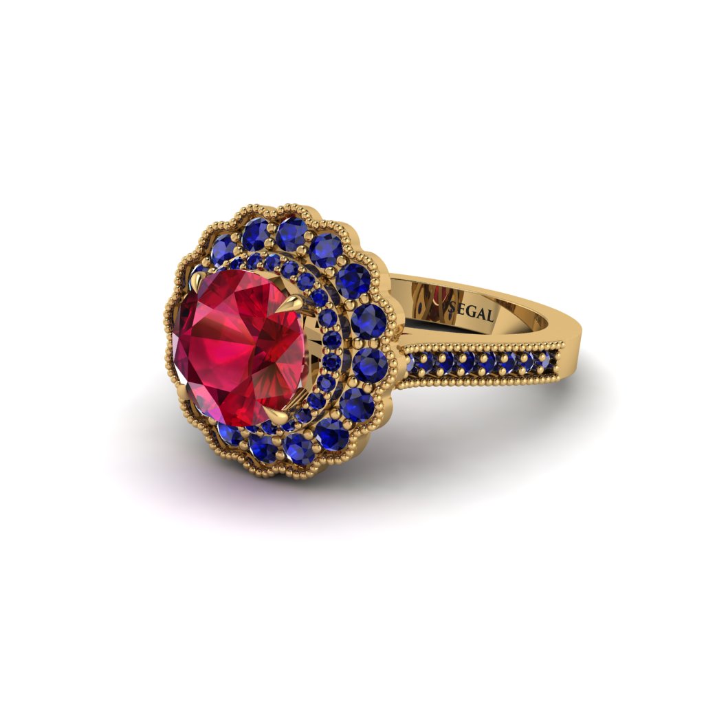 Sapphire Double Halo Cathedral Engagement Ring - Deirdre No. 70