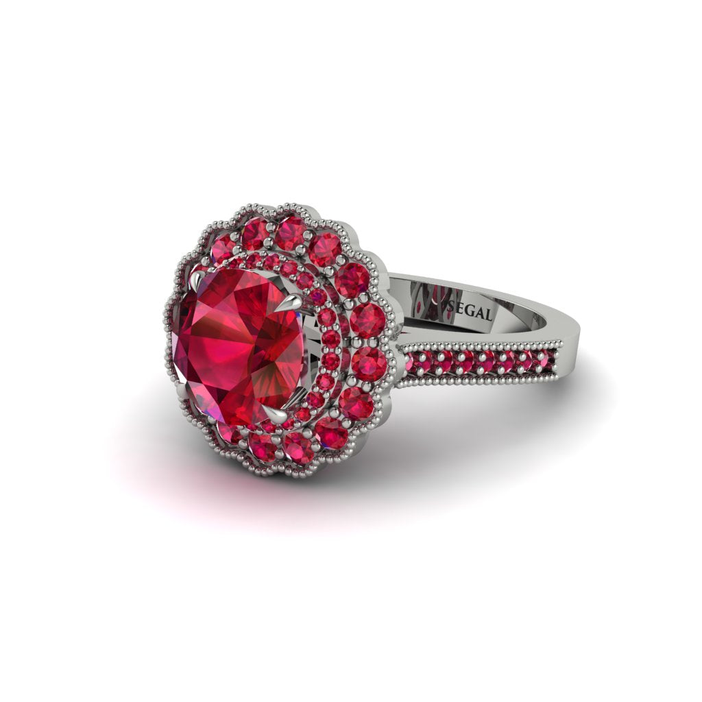 Ruby Double Halo Cathedral Engagement Ring - Deirdre No. 57