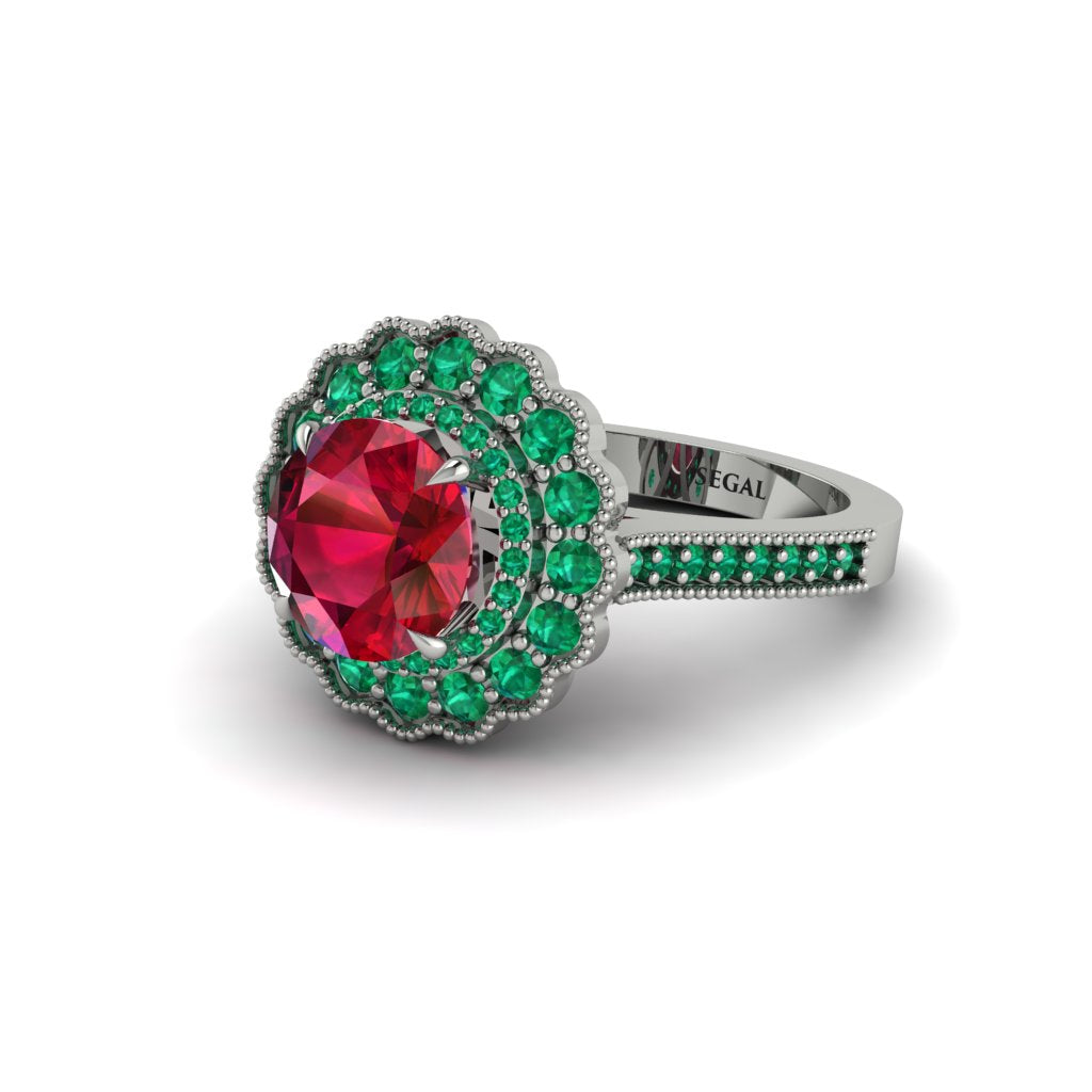 Emerald Double Halo Cathedral Engagement Ring - Deirdre No. 27