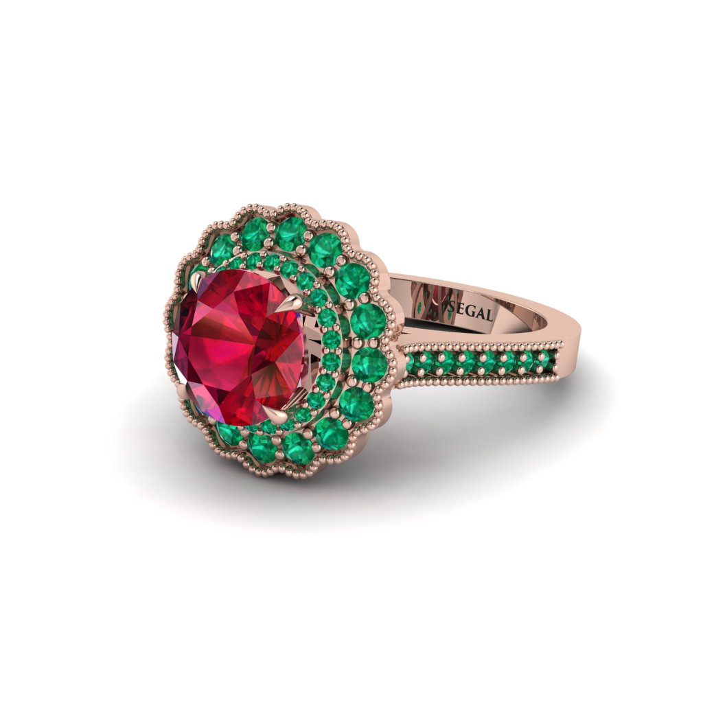 Emerald Double Halo Cathedral Engagement Ring - Deirdre No. 26