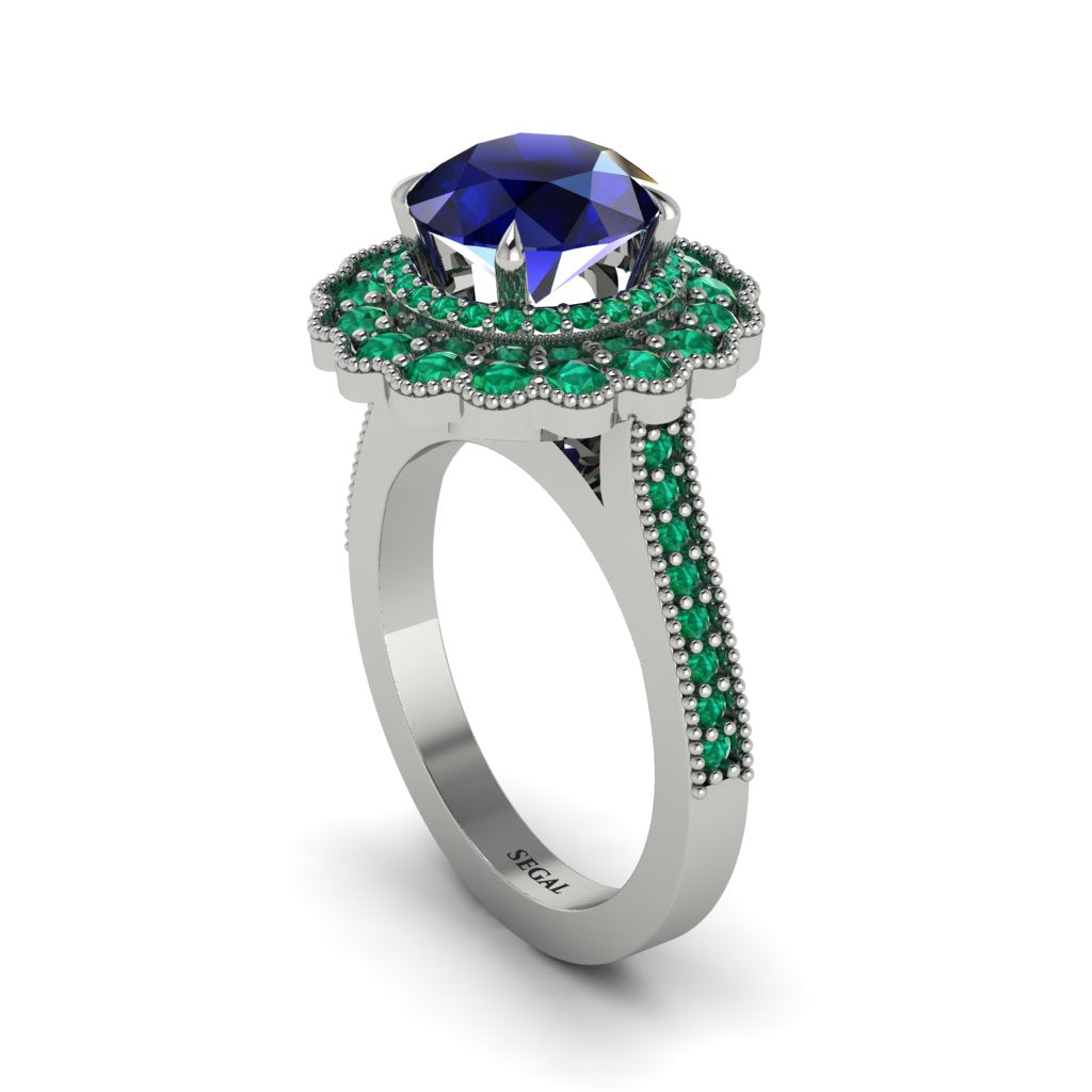 Emerald Double Halo Cathedral Engagement Ring - Deirdre No. 30