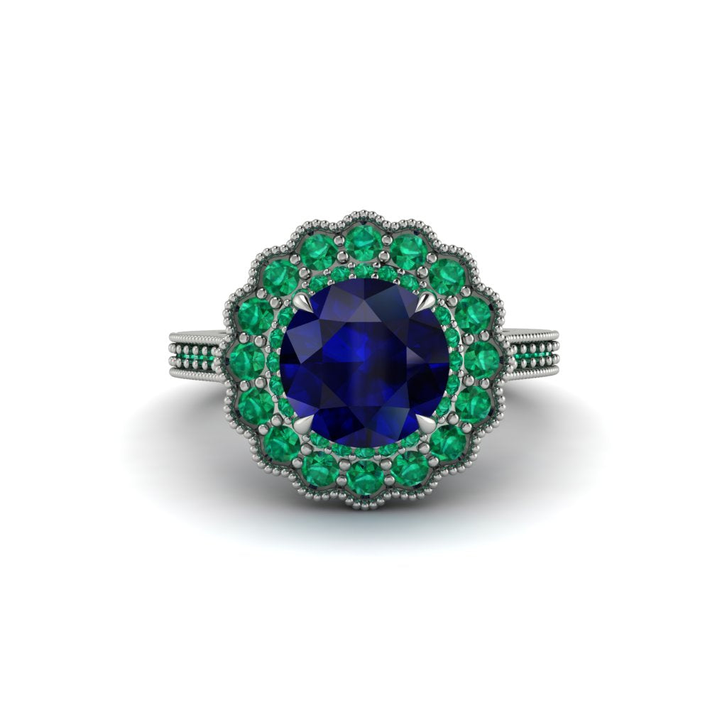 Emerald Double Halo Cathedral Engagement Ring - Deirdre No. 30