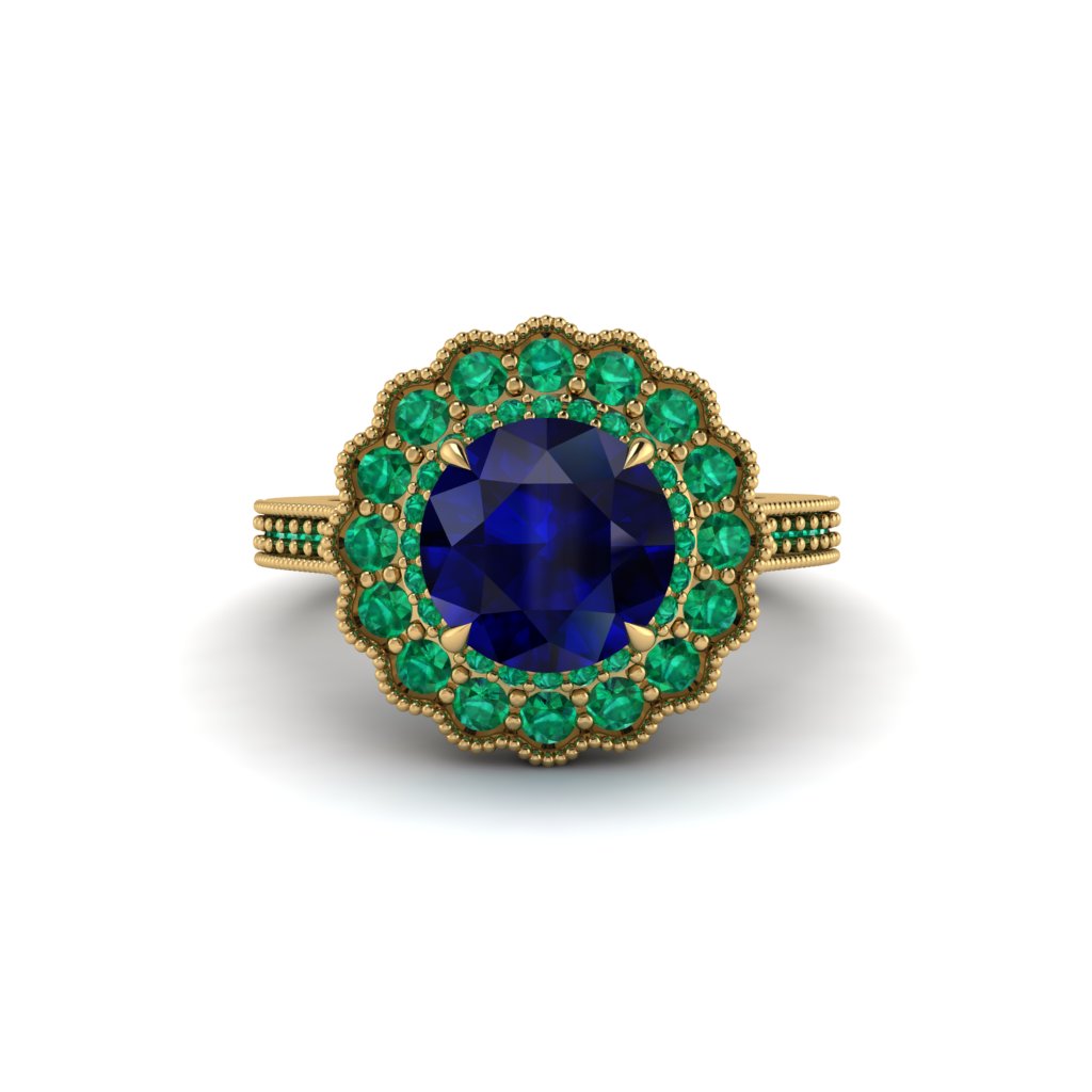 Emerald Double Halo Cathedral Engagement Ring - Deirdre No. 28