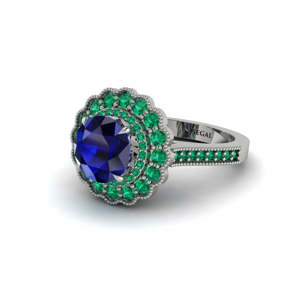 Emerald Double Halo Cathedral Engagement Ring - Deirdre No. 30