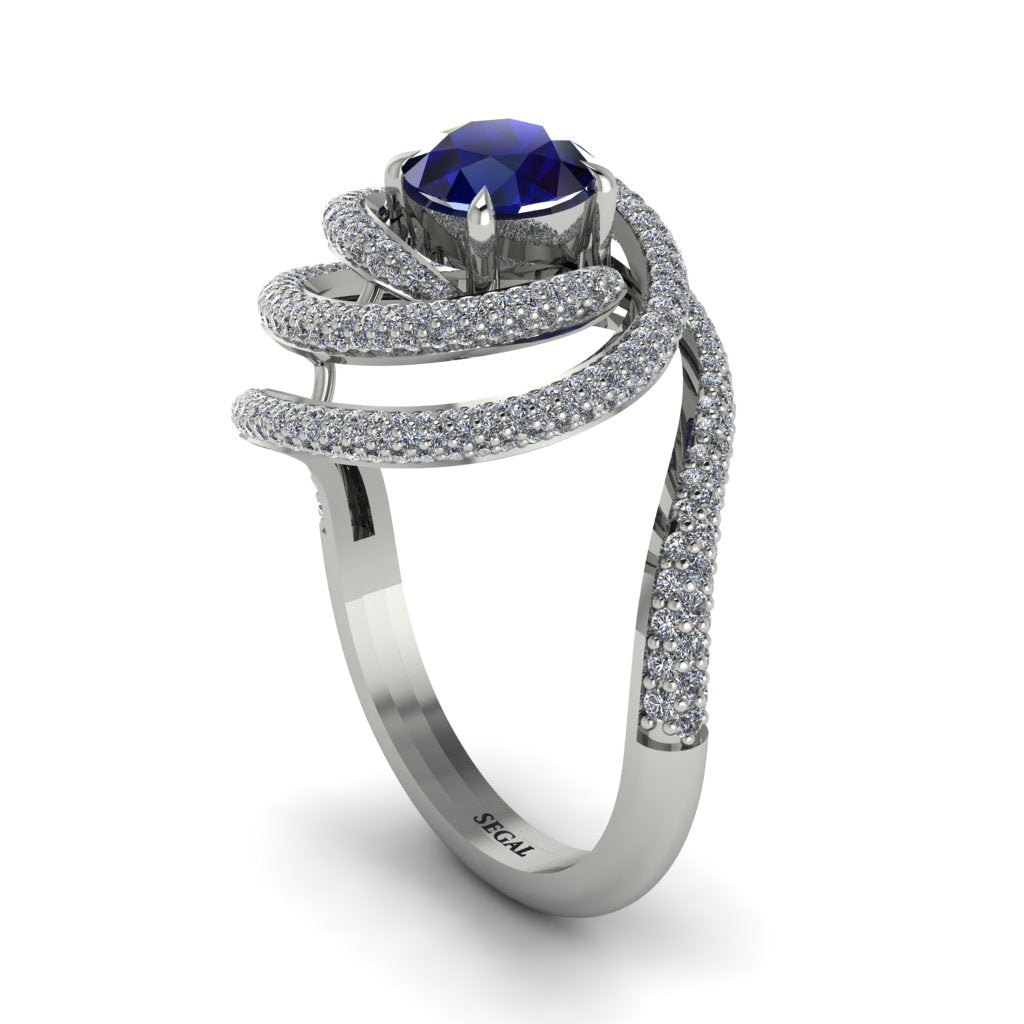 Sapphire Double Halo Swirling Engagement Ring - Serena No. 15