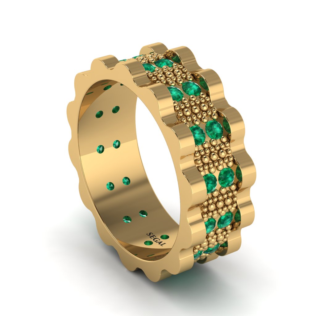 Emerald Wavy Gold Men's Wedding Ring - Joshua No. 4